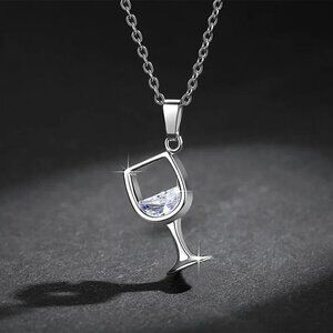 Wine Glass Pendant Necklace Zircon Crystal in Silver Color